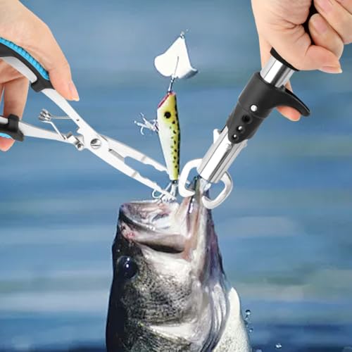 Stainless Steel Fishing Pliers and Fish Gripper Set with Sheath & Lanyard - Multifunctional Fishing Tool Kit for Saltwater Freshwater, Hook Remover, Line Cutter, Crimping - color: Blue