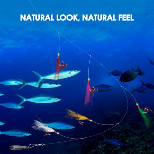 10 pcs Mackerel Feathers Rigs Saltwater, Pre-Tied Sea Fishing Bait Rigs with Luminous Colorful Feathers/Luminous Beads Bionic Flying Insects, Lure Rigs for Mackerel, Pollock, Cod, Bass - size: Hook Size 16, style: Style 2