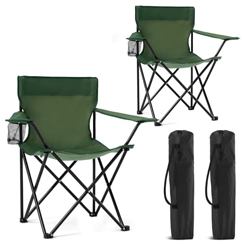 2 Pack Portable Camping Chairs Folding Lawn Chair Outdoor Lightweight Beach Chair with Cup Holder & Carry Bag for Outside Sports, Fishing, Hiking, Travel, Picnic, Backyard（Green - color: Green, size: Medium