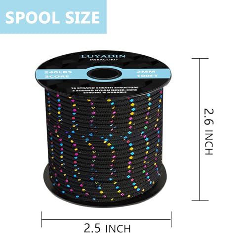 Paracord 240lb - Diameter 2mm Micro Utility Cord -3 Strand Parachute Spool Cord - 100ft 200ft,Paracord for Camping,Hiking,Fishing,Outdoor and DIY - color: Black Camo, size: 100 ft