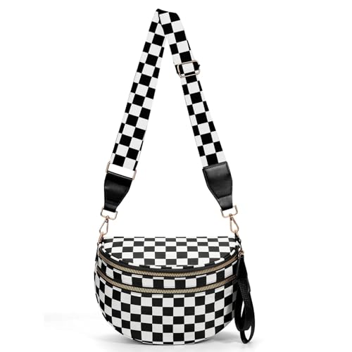 Checkered Crossbody Bum Bags for Women Nylon Checkered Purse Checkerboard Fanny Pack - color: F02-black