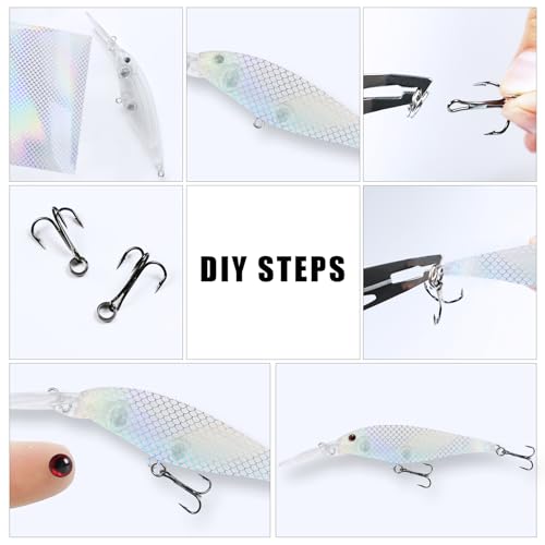 207Pcs Unpainted Fishing Lures Making Kit DIY Blank Jerkbait Crankbaits Minnow Hard Bait Set Include Treble Hook Split Rings Lure 3D Eyes Stickers