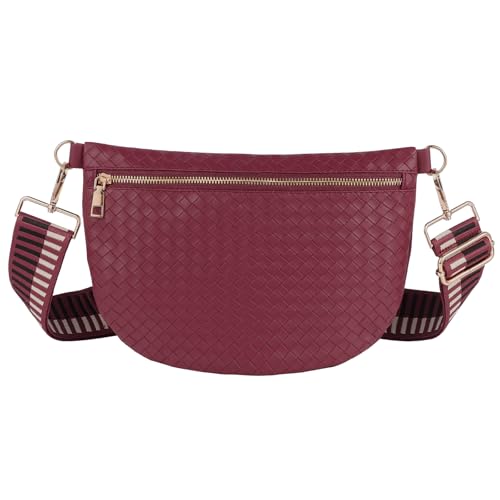 Woven Crossbody Bags for Women Leather Belt Bum Sling Purse Fanny Waist Pack Chest Shoulder Bag for Women-Burgundy - color: Burgundy