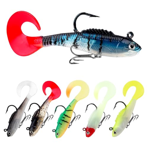 Fishing Lures with Jig Heads Treble Hooks 6pcs 2.36in/0.14oz FS/RE-12 | 6pcs Soft Plastic Swim Baits,Tackle Box,for Bass Crappie Trout, Saltwater and Freshwater, Fishing Tackle