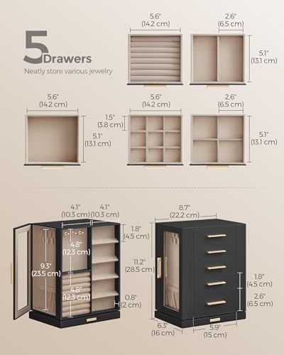 SONGMICS Jewelry Box 360°Rotating, Jewelry Storage Case with 5 Drawers, Jewelry Organizer, Glass Window, Spacious, Vertical Jewelry Storage, Open Design, Great Gift, Graphite Black UJBC170B01 - color: Graphite Black, size: 5 Drawers (6.3"d X 8.7"w X 11.2"
