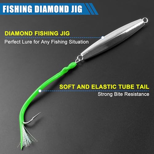 Diamond Jig Saltwater Fishing Lures Casting Jigging Spoon with Tube Tail Stainless Steel Hooks Trolling Lures Striped Bass Metal Jig for Deep Sea Surf Fishing Bottom Dragging Sinking - color: Green, size: 8 oz