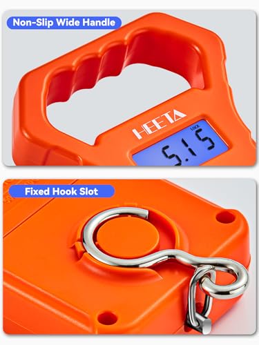 HEETA Fish Scale, 110lb/50kg Digital Portable Hanging Fishing Weight Scale with Backlit LCD Display, Luggage Scale with Hook, Non-Slip Large ABS Handle & 2 AAA Batteries, Fishing Gifts Gear for Men - color: Orange