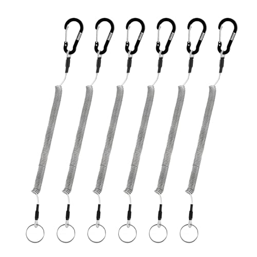 Booms Fishing T04 Fishing Lanyards Fishing Tool/Pole Safety Coil Lanyard Retractable Wire Inside Tup Cover - color: Black , with carabiner, 6pcs