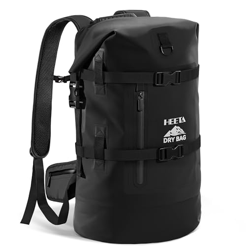HEETA Dry Bags Waterproof Backpack 40L for Men & Women, Roll Top Heavy Duty Cushioned Hiking Backpack for Kayaking Boating Paddle Boarding Fishing Travel Camping Beach Vacation Cruise Ship Essentials - color: Black
