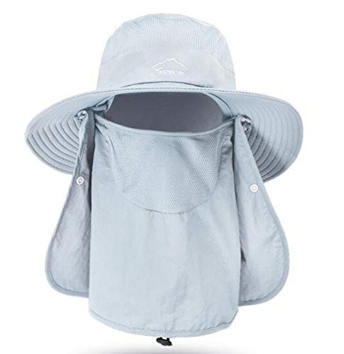 Fishing Hat for Men & Women, Outdoor UV Sun Protection Wide Brim Hat with Face Cover & Neck Flap - color: Grey