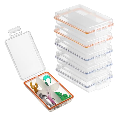 JUXYES Pack of 6 Plastic Small Fishing Tackle Box Organizer with 4 Compartments, Clear Mini Fishing Tackle Storage Boxes with Dividers, Transparent Fish Pocket Tackle Storage Box Lure Box - size: 6 Pack