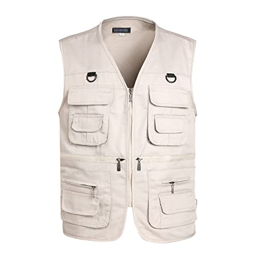 Men’s Fishing Vest Summer Outdoor Work Safari Travel Photo Vest with Multi Pockets - color: Beige, size: Small