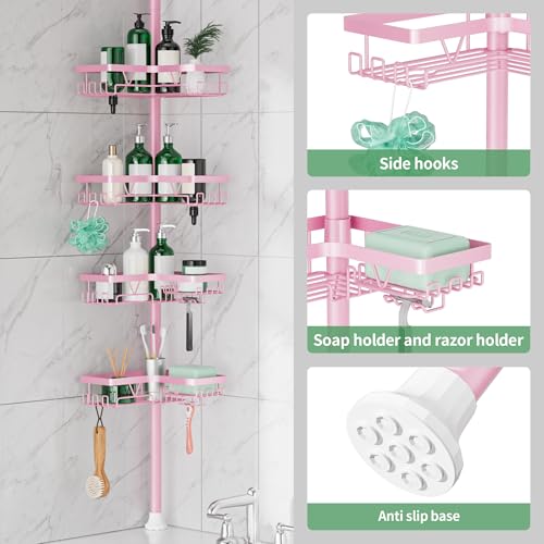 DAOYA Corner Shower Caddy Tension Pole - Pink - Rustproof Adjustable Bathroom Organizer Shelf for Shampoo, 25–114.2 Inch Shower Rack for Renters, Apartments - color: Pink