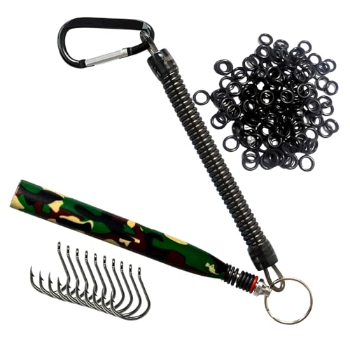 Reaction Tackle Wacky Rig Tool and O-Rings for Soft Plastic Worms, Bass Fishing Wacky Rig and Neko Rig Stick Bait Setup for Largemouth and Smallmouth - color: Camo Tool PLUS 125 O-rings +10 hooks