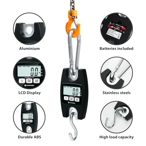 UNIWEIGH Digital Hanging Scale 660lb/300kg Handheld Crane Scales | Industrial Scales with Hooks,Luggage Scales with LCD/Hold/Tare for Weighing,Farm Hunting,Fishing Outdoor,Suitcases(Black)
