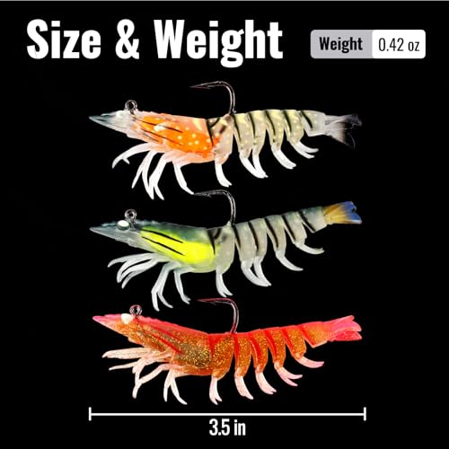 3Pcs Shrimp Fishing Lures for Saltwater and Freshwater Soft Bait Pre-Rigged Glow Eyes Lifelike Silicone Prawn Jig for Bass Trout Redfish Flounder Crappie Snook Walleye Fishing - color: 3.5 in 3pcs