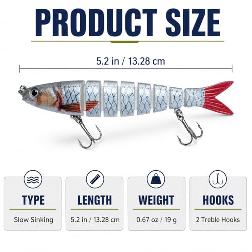 Bass Fishing Lures 3 Pack, 5.2in 8-Segment Jointed Swimbaits, Slow Sinking Hard Baits with Tackle Box, Life-Like Swimming Action for Bass Pike Walleye