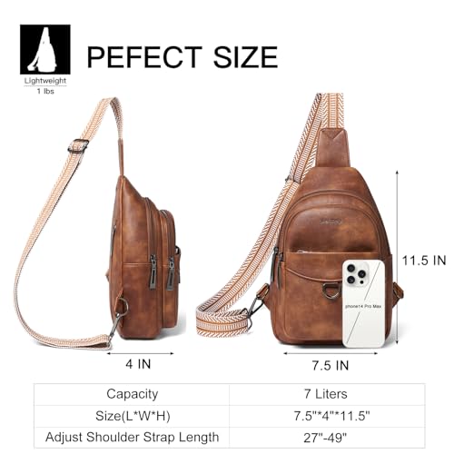 LATMAP 7L Sling Bag for Women Men Crossbody Belt Bag Small Travel Sling Backpack Anti Theft Chest Daypack Purse Faux Leather - color: Brown