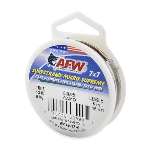 American Fishing Wire Surfstrand Micro Supreme Bare 7x7 Stainless Steel Leader Wire- Fishing Leader Line for Saltwater, 13lb Test - 20lb Test, Camo Color, 5m Length - color: Camo, size: 13 lb / 5m