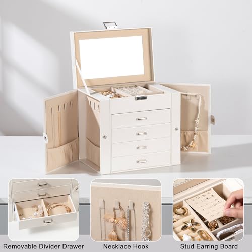 Frebeauty 5-layer Jewelry Box,Faux Leather Jewelry Organizer with 4 Drawers,Jewelry Organizers and Storage with Mirror,Jewelry Holder Organizer for Necklace,Jewerly Boxes for Women Girls(White) - color: Pearl White, size: Medium