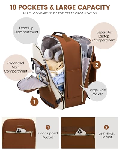 LOVEVOOK 56L Travel Backpack for Women & Men, Airline Approved Carry On Luggage with 3 Packing Cubes, TSA Overnight Bags, Waterproof Personal Item Bag, Weekender Essentials Backpacks fits 17" Laptop - color: Brown-beige-black, size: XX-Large
