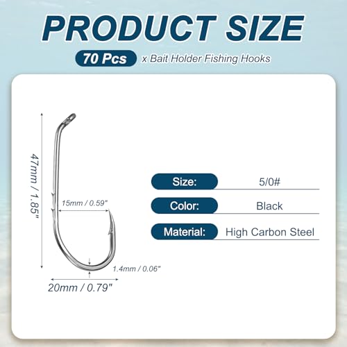 Bait Holder Fishing Hook, High Carbon Steel Long Shank Double Barbed Fishing Hooks Closed Eye, Offset, 5/0# & Black & 70Pcs - Fitting for(Saltwater/Freshwater Rigs)