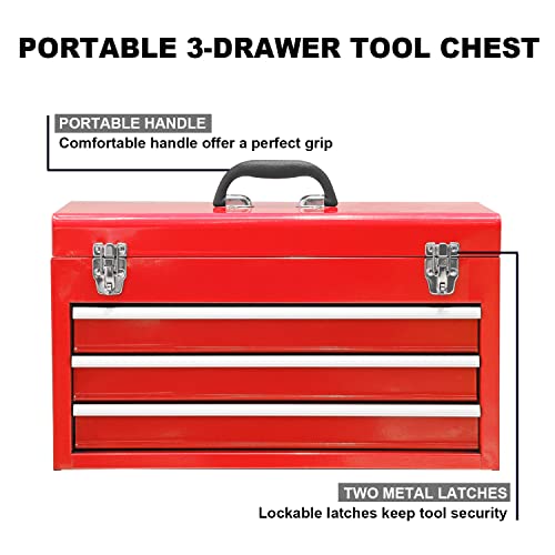 BIG RED ANTBD133-XB Torin 20.5" Portable 3 Drawer Steel Tool Box with Metal Latch Closure, Red - color: Red, size: 20.5 Inch