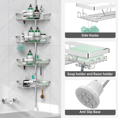 DAOYA Corner Shower Caddy Tension Pole - Chrome Tension Rod Shower Caddy Adjustable Shampoo Holder for Bathroom/Bathtub/RV, Stainless Steel, Floor to Ceiling 25-114.2 inch - color: Chrome