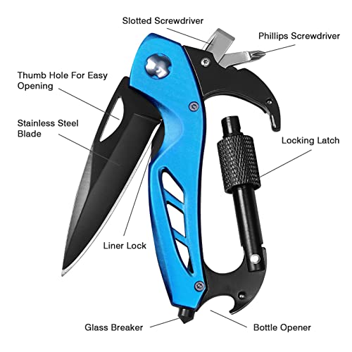 FUNBRO EDC Multitool Carabiner with Knife, Bottle Opener, Window Breaker and Screwdriver, Survival Knives Tools for Men Outdoor Camping (Blue) - color: Blue