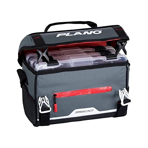 Plano Weekend Series 3600 Softsider Tackle Bag, Gray Fabric, Includes 2 3600 Stowaway Utility Tackle Boxes, Soft Fishing Tackle Storage Bag, Water-Resistant - color: Gray/Red, style: 3600 Softsider Tackle Bag