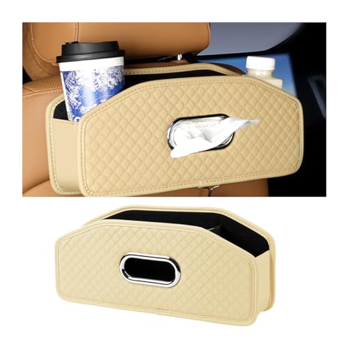 Car Seat Back Organizer, 4-in-1 Backseat Headrest Storage Box with 2 Cup Holder Hooks Tissue Box, Multifunctional Seat Back Storage Organizer for Hold Phones Drinks Bags, Universal Fit (Beige) - color: Beige
