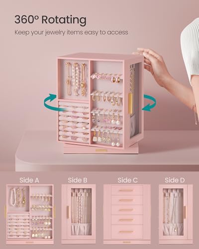 SONGMICS GISELLA Collection - Jewelry Box Organizer 360° Rotating, Vertical Jewelry Storage Case with 5 Drawers, Glass Window, Spacious, Open Design, Great Gift, Pink UJBC170R01 - color: Jelly Pink, size: 5 Drawers (6.3"d X 8.7"w X 11.2"h)
