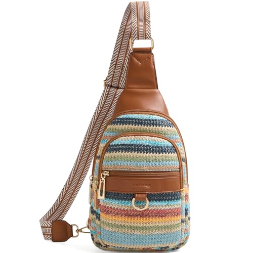 cakang Womens Sling Bag Crossbody Bags for Women Vegan Leather Sling Backpack Daypack Fanny Pack Crossbody Purse Travel - color: 7-rainbow Weaving-brown