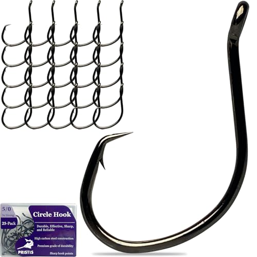 Pristis 25 Pack High Carbon Steel Fishing Hooks, Reinforced EWG Circle Octopus Round Bend 60 Degree Wide Gap Strong Barbed Worm Fish Hook Jig Bait Rig for Saltwater Freshwater Bass Tuna Walleye Trout - color: Circle, size: 5/0