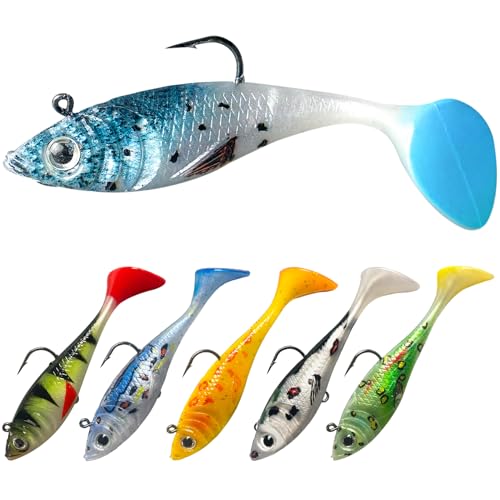 Pristis Jig Head Fishing Lures for Freshwater Saltwater, Weedless Swim Jig Teasers with Sharp Hooks & Exquisite Coating, Pre-Rigged Vibrating Swimbaits Kit Gear for Bass Crappie Walleye Trout Pike - color: 6 pcs Paddle Tail Soft Lures
