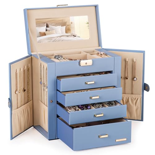 Homde Synthetic Leather Huge Jewelry Box Mirrored Watch Organizer Necklace Ring Earring Storage Lockable Gift Case (Grey Blue + Gold) - color: Grey Blue + Gold