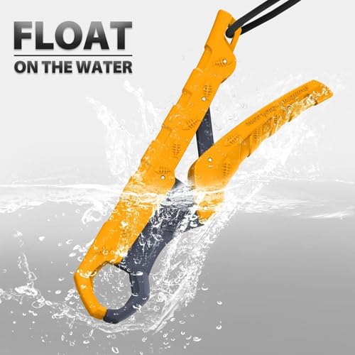 SNAIL TRAIL 7.5''/9'' Floating Fish Gripper, Fishing Grabber, Catfish Mouth Pliers, Caught Bass Holder, Digital Scale Hook Clamp, Saltwater Lip Grip Tool with Lanyard, Gifts for Men, Yellow-Gray - color: Yellow-gray, size: 7.5"