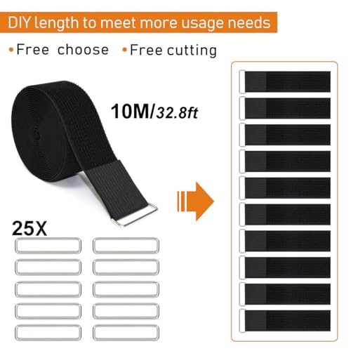 YMCRLUX 2" x32ft Reusable Cinch Strap with 20 Metal Buckles, Cut-to-Length Fastening Securing Straps, Adjustable Nylon Cable Straps and Cord Ties for Organizer or Storage, 2 inch Wide, Black - size: 2in x 32ft Black