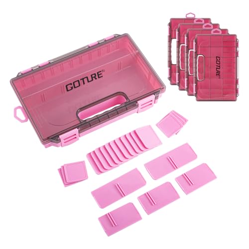 Goture Fishing Tackle Box Organizer - Transparent Fishing Organizer Box w/Measurement Ruler, Adjustable Dividers, Dual Latches | 4 Pcs 3700 Tackle Tray| Ergonomic Grip - color: C - Pink/Handle, size: 4pcs 3600