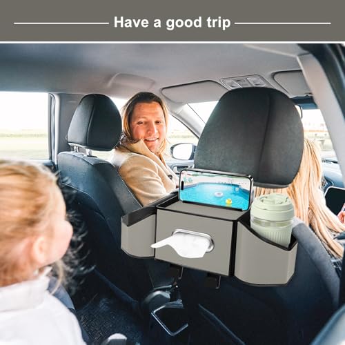 7-In-1 Car Seat Back Organizer with Cup Holders, Tissue Box, Garbage Can&Hooks, Multifunctional Headrest Storage Organizer, Headrest Cup Holder for Backseat, Car Accessories for Trips, Travels(Gray) - color: Gray