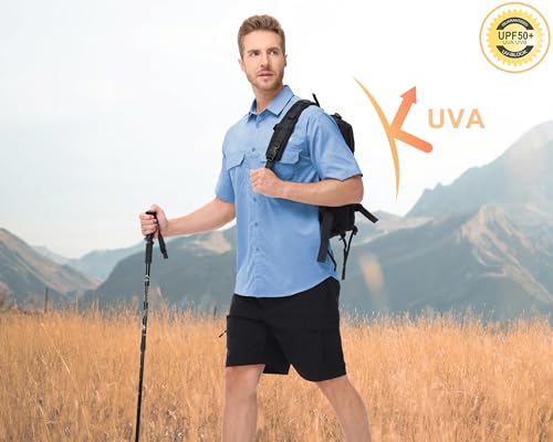 Satankud Fishing Shirts for Men Short Sleeve Sun Protection Cooling Hiking Shirt for Travel Safari Camping Work - color: Mist Blue, size: Small