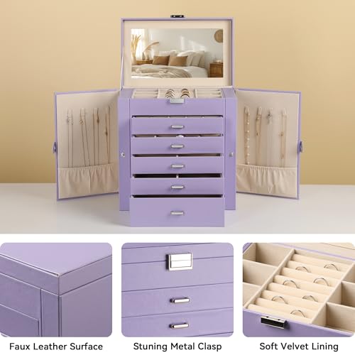 Frebeauty Large Jewelry Box,6-Tier PU Leather Jewelry Organizer,Multi-functional Storage Case with Mirror,Accessories Holder with 5 Drawers for Necklace Bracelets Watches（Purple） - color: Purple, size: Large