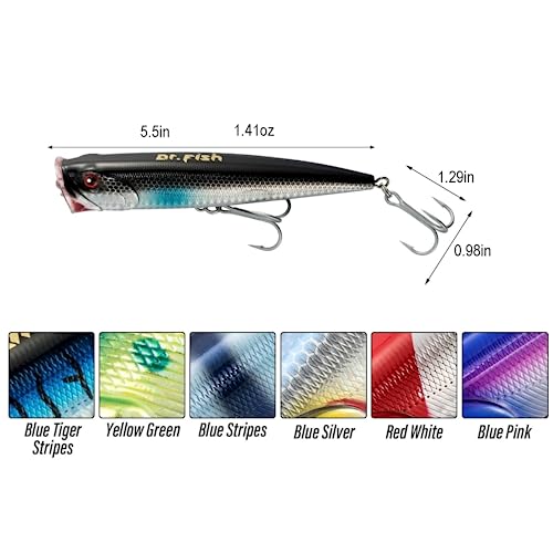 Dr.Fish Popper Saltwater Fishing Lures, 4/5.5 Inches GT Popper VMC Treble Hooks Surf Fishing Lures for Bass Striper Pike Salmon Offshore - color: Chorme Black, Chorme Blue, Blue Mackerel-3 Pack, size: 5.5"