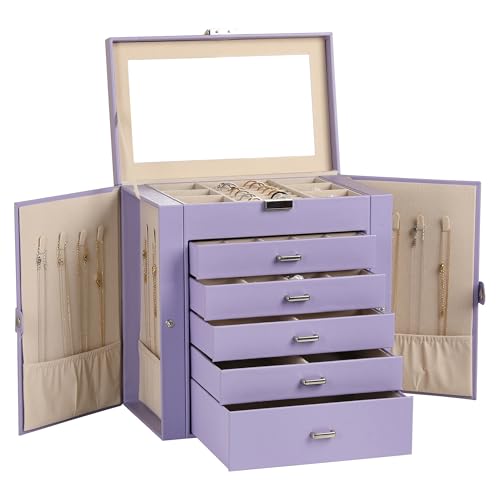 Frebeauty Large Jewelry Box,6-Tier PU Leather Jewelry Organizer,Multi-functional Storage Case with Mirror,Accessories Holder with 5 Drawers for Necklace Bracelets Watches（Purple） - color: Purple, size: Large