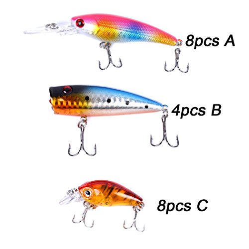 Aorace Fishing Lures Kit Mixed Including Minnow Popper Crank Baits with Hooks for Saltwater Freshwater Trout Bass Salmon Fishing - color: Item-B 20pcs