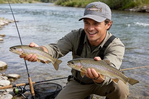 Fishing Baseball Cap for Men Women, Adjustable Embroidered Hat | Fishing Gear, Outdoor Adventure Design, Precision Embroidery Craft, One Size Adjustable Fit - color: Rainbow Trout (Washed Grey)