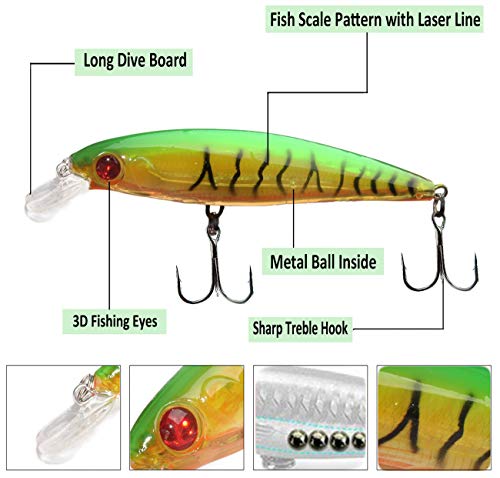 Fishing Lures Hard Bait Minnow Swimbait Crankbait Jerkbait Lure with Treble Hooks 3D Eyes Freshwater Saltwater Fishing Lures for Bass Trout Walleye Pike Catfish - color: B-10pcs-4.5in/0.46oz