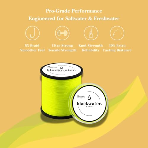 Blackwater Braid 8X Braided Fishing Line – Smooth, Strong UHMWPE Fiber – Abrasion Resistant, Zero Stretch – for Saltwater & Freshwater - color: High Vis Yellow, size: 30LB (150 Yards)