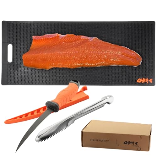 32 Inch Non Slip Fish Fillet Mat Heavy Duty Rollable Fish Bait Cutting Board Large Size Fish Cleaning Mat with 7 inch Fillet Knife and Fish Scaler Portable Fish Fillet Mat