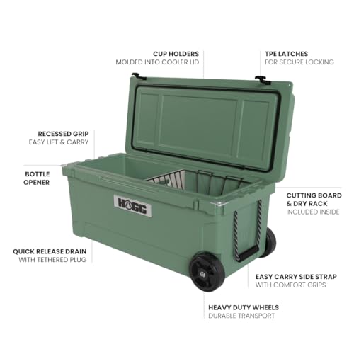 Hogg Rotomolded Coolers, Ice Chest with Wheels, Wheeled Cooler, Rotomolded Ice Chest, Dry Storage, Fishing and Camping Items, Birthday Gifts for Men - color: Granada Green, size: 110qt